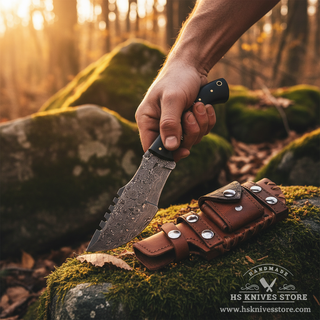 Hunter hand gripping two-tone micarta rosewood handle Damascus tracker knife in confident outdoor pose forest golden sunlight with rust leather sheath on rocks