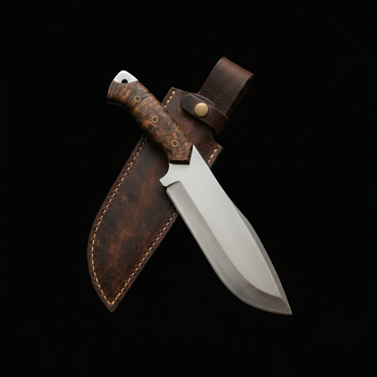 Handmade D2 steel Bowie knife stabilized burl wood handle black studio shot right facing