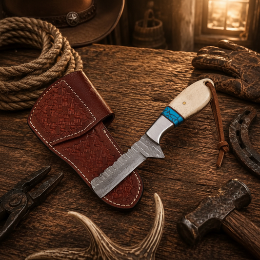 Right-side angle of a Damascus Cowboy Ranch Knife with natural bone handle turquoise inlay and separate front pancake leather sheath