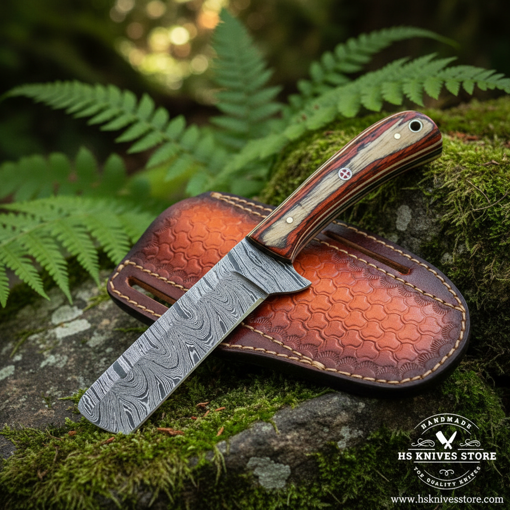 A fixed-blade knife with a patterned steel blade and a striped wood handle rests on a brown leather sheath placed on mossy rocks with green ferns in the background. A 'HS Knives Store' watermark is visible in the bottom right corner.