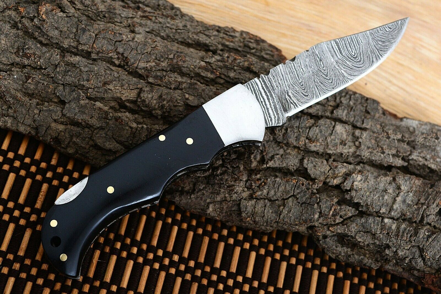 Custom Handmade Damascus Steel Back-Lock Pocket | Folding Knife | Leather Sheath- Black Sheet Handle