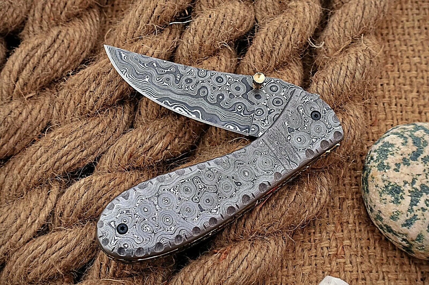Custom Handmade Damascus Folding-Pocket Knife With Full Damascus Handle