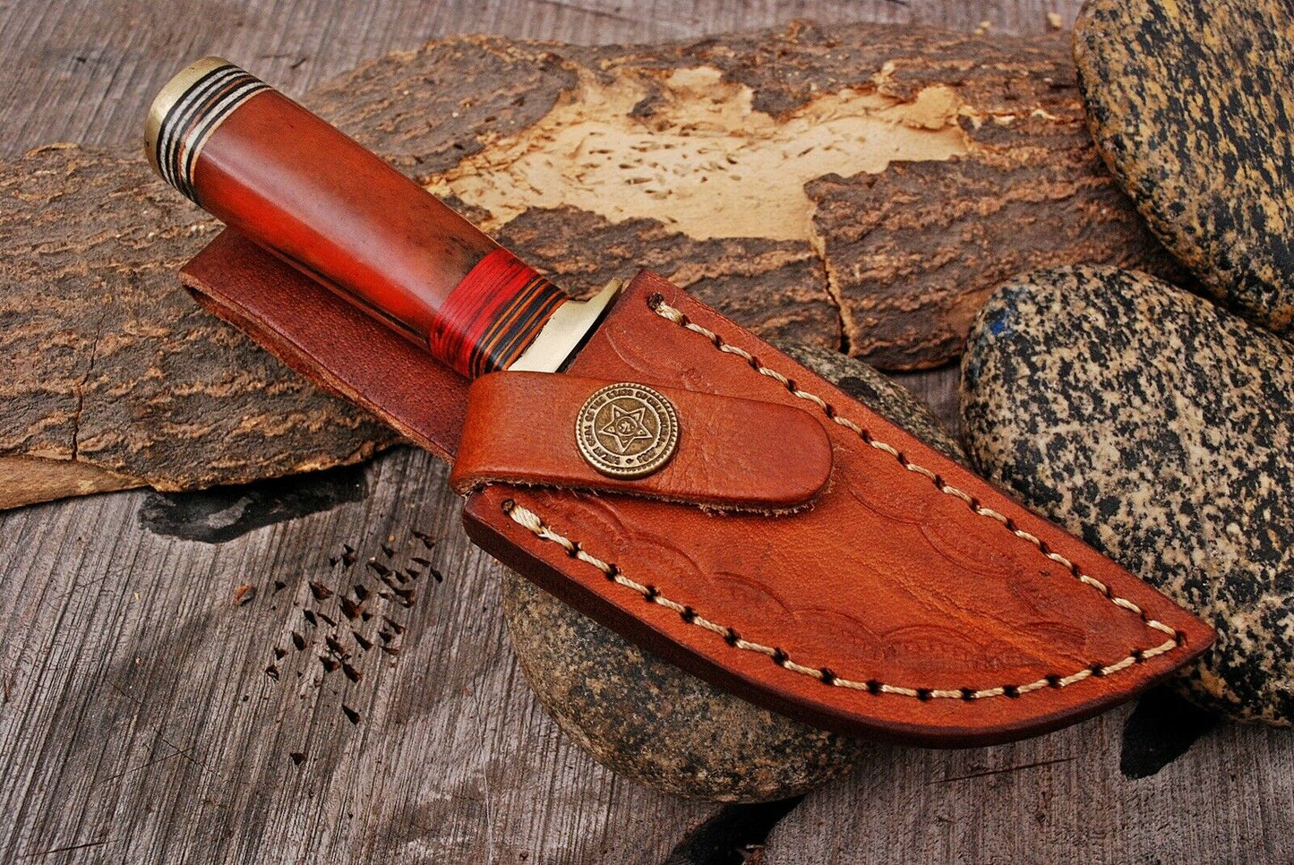 HS-792 Custom Handmade Damascus Skinner Knife With Hard Wood + Bone Handle