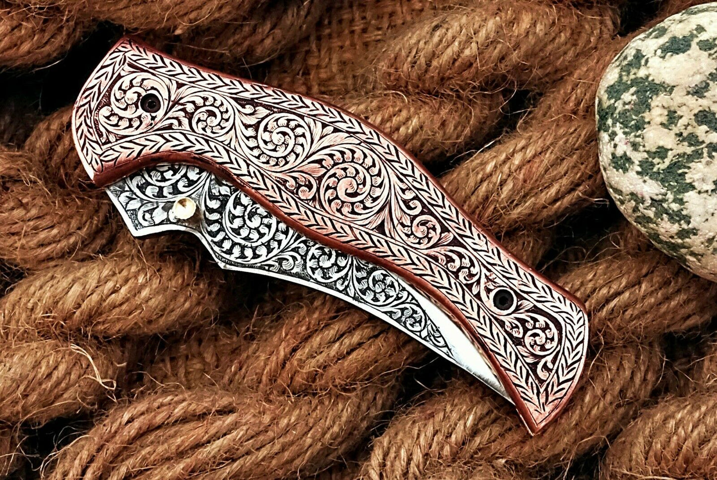 Custom Hand Engraved Folding-Pocket Knife Life Time Used With Copper Engraved Handle