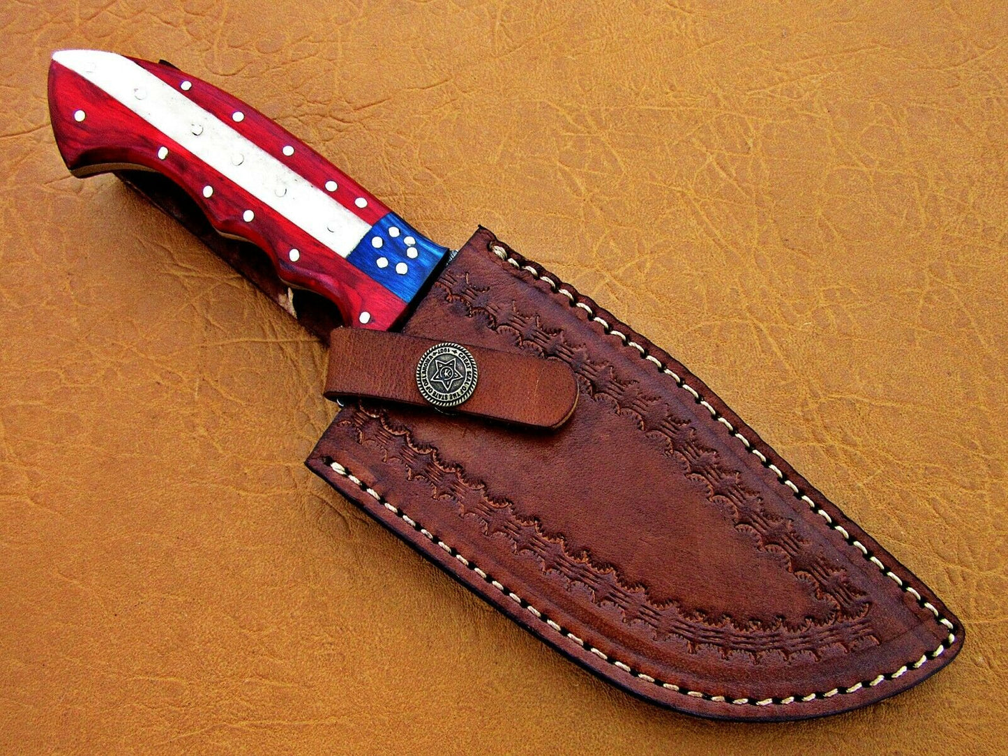 HS-774 Custom Handmade Damascus Skinner Knife With Camel Bone & Hard Wood Handle