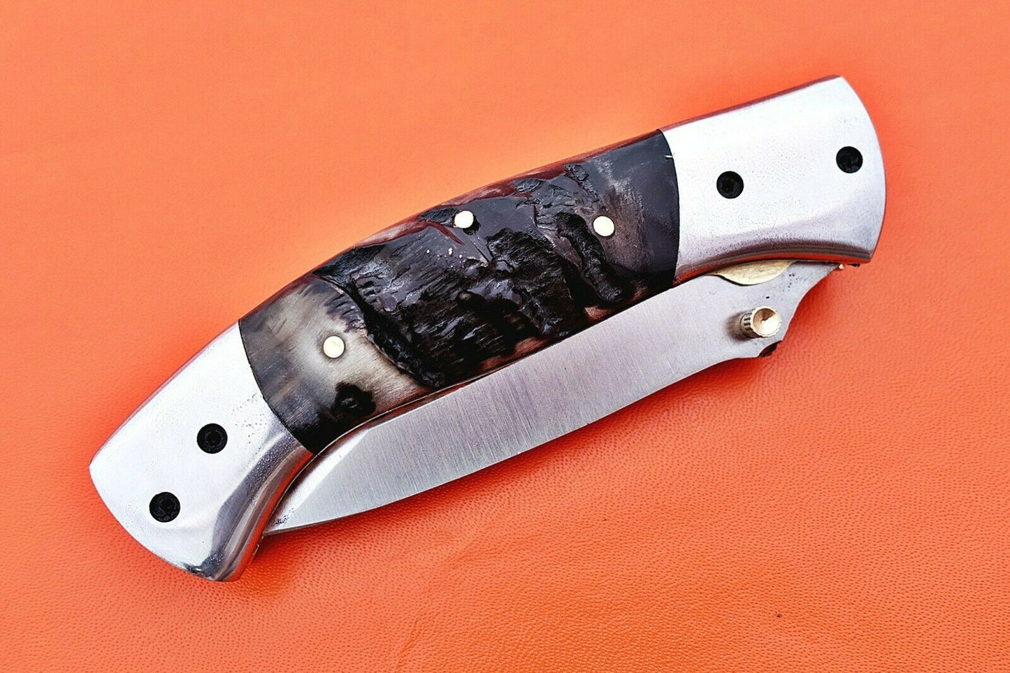 Custom Handmade Stainless Steel Bolsters Folding-Pocket Knife With Ram Horn Handle