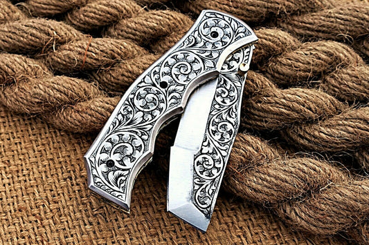 Custom Hand Engraved Folding-Pocket Knife Life Time Used With Engraved Handle
