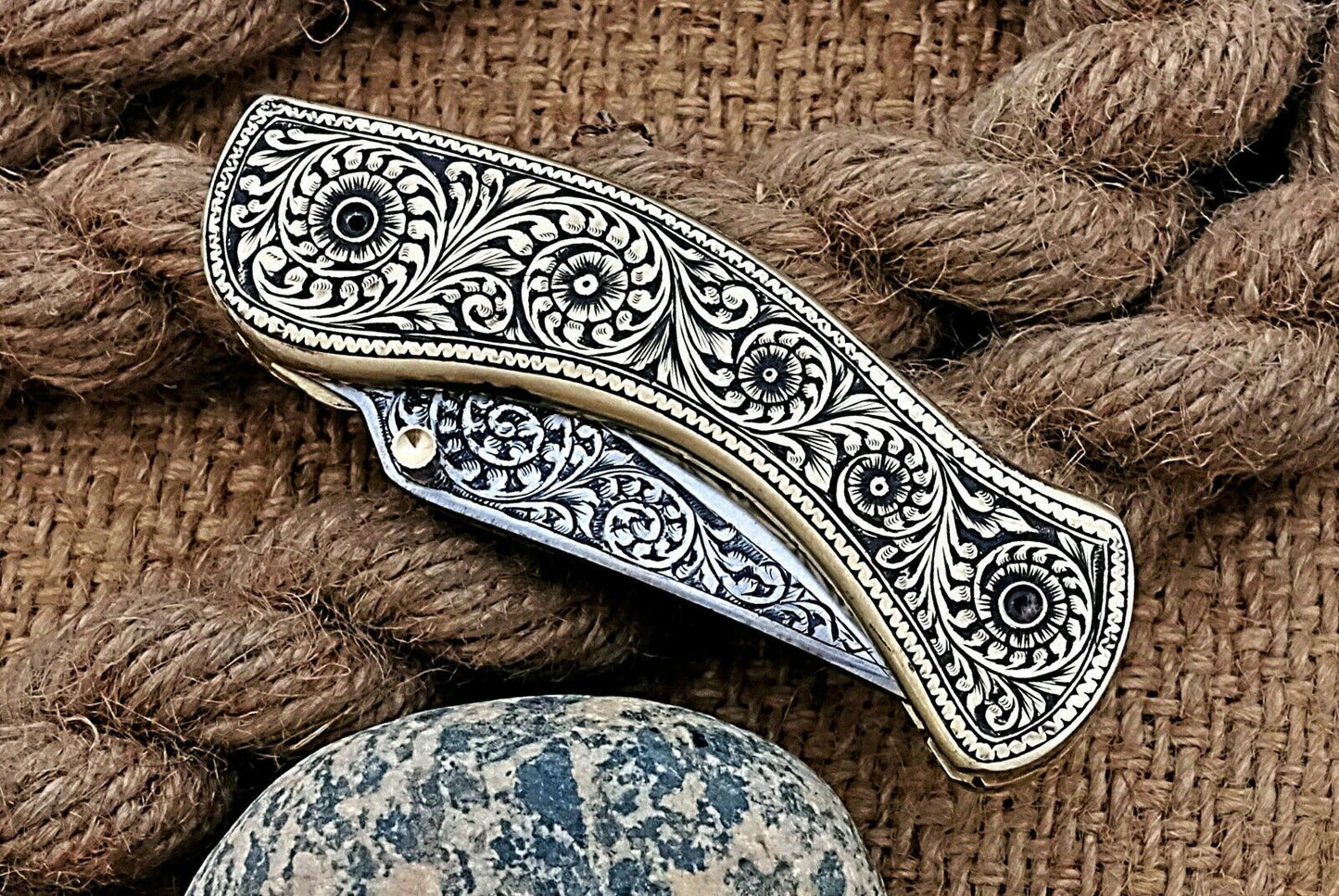 Hand Engraved Brass Handle Folding Pocket Knife — Lifetime Use