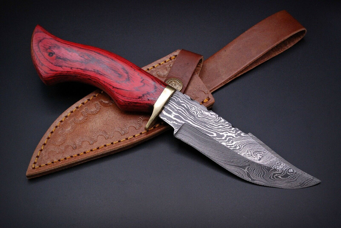 HS-444 | Ten Inch Custom Handmade Damascus Steel Hunting knife - Red Wood Handle