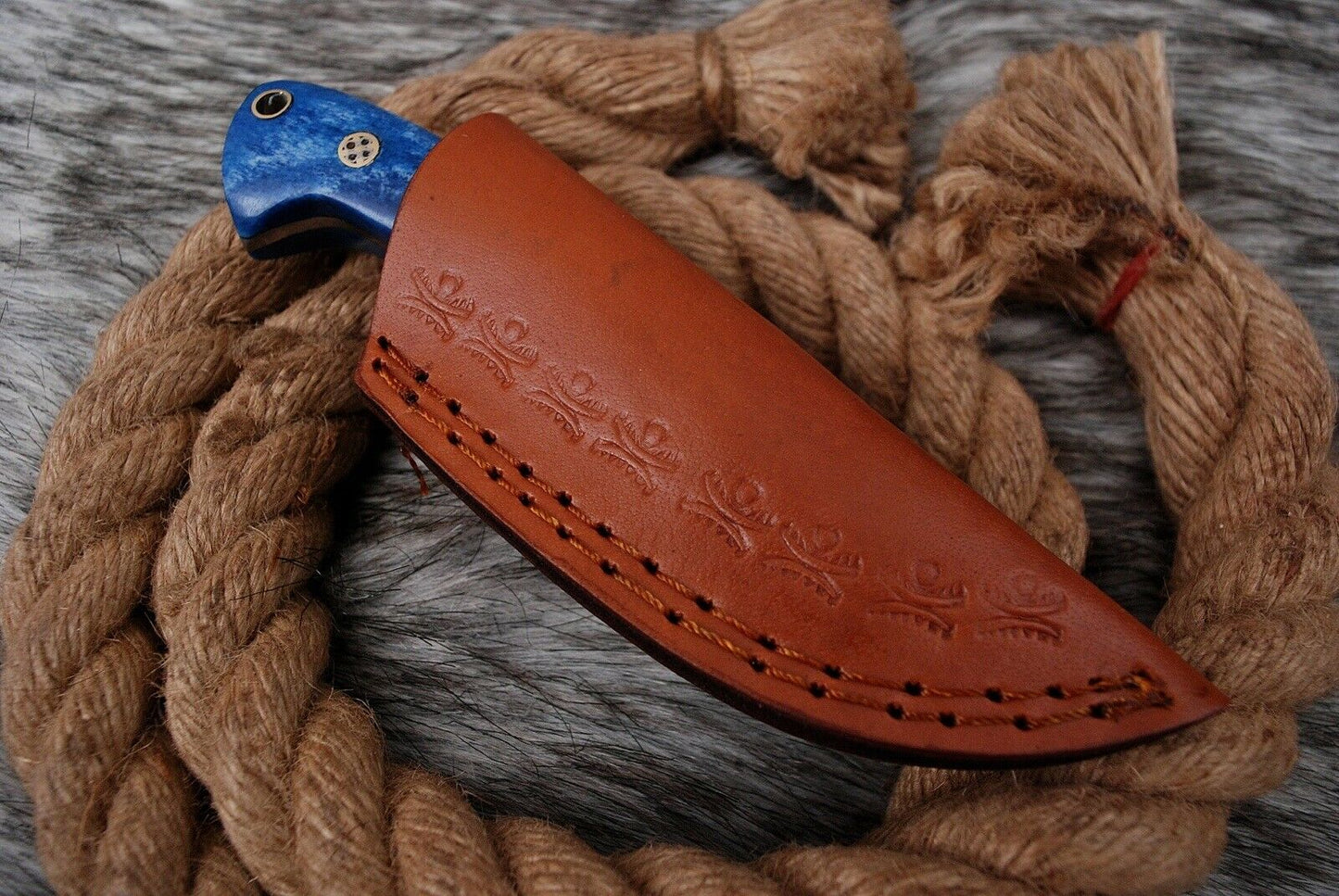 HS-737 Custom Handmade Damascus Steel Mini Skinner Knife - Blue Bone Handle