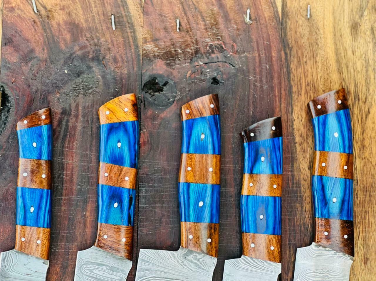HS-136 '' Custom Handmade Damascus Kitchen Chef knife set, with Sheath, blue Wood Handle