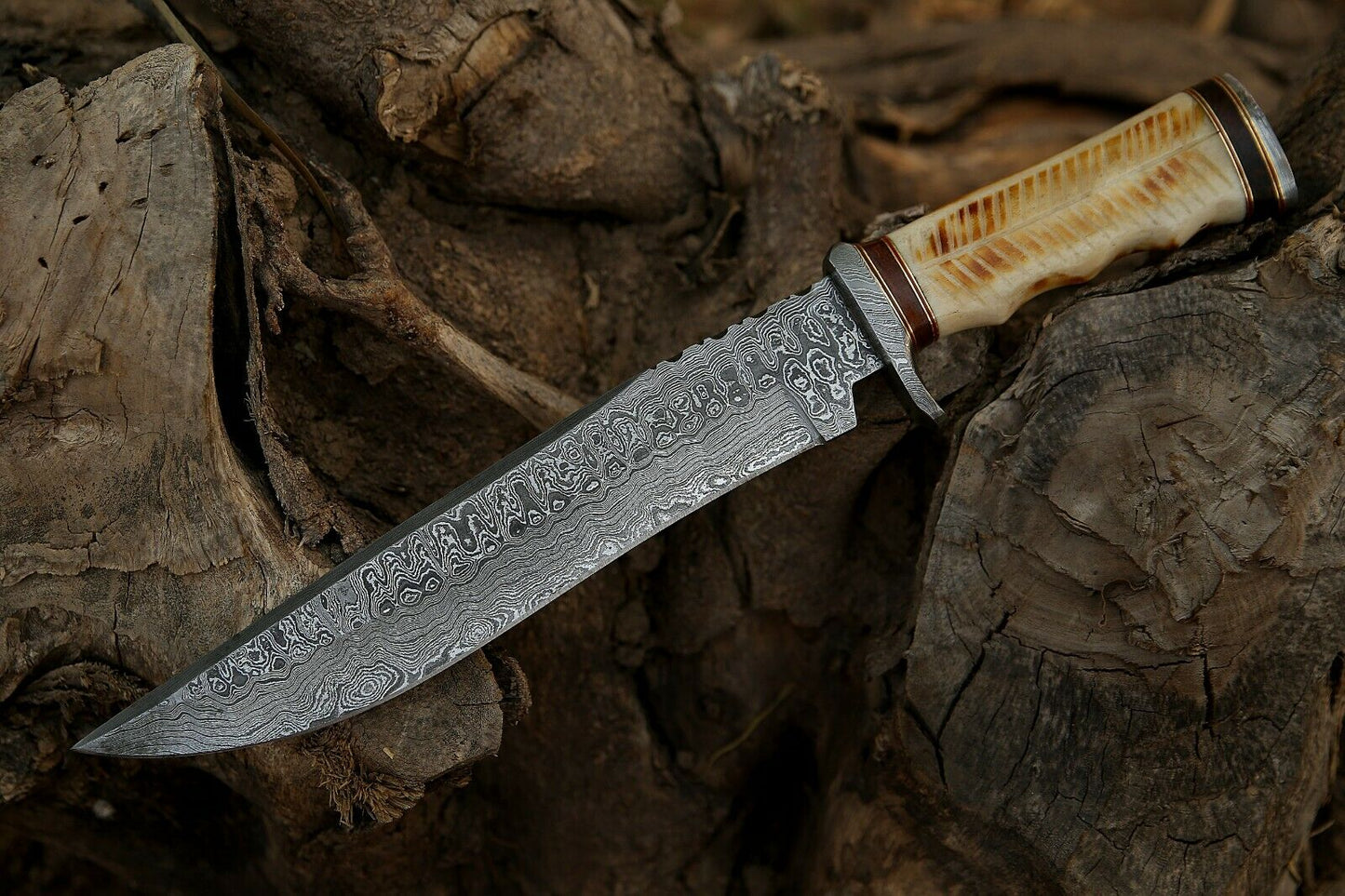 HS-303 15'' Hand Forged Bowie Knife, Beautiful Bone Handle, Damascus knife with sheath