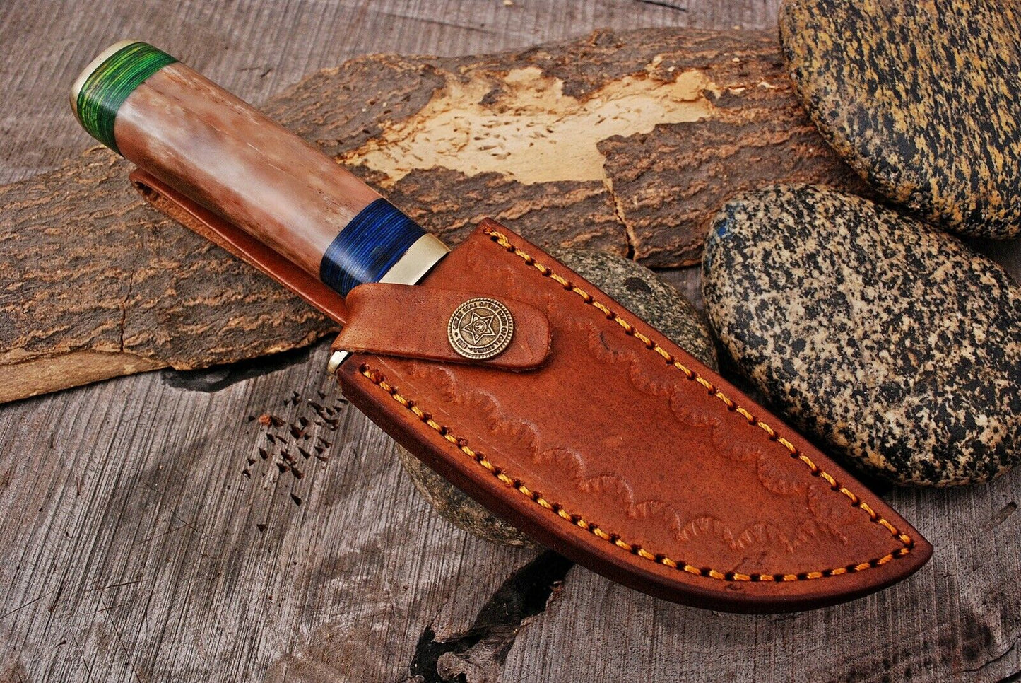 HS-495 Custom Handmade Damascus Hunting Knife With Beautiful Bone Handle