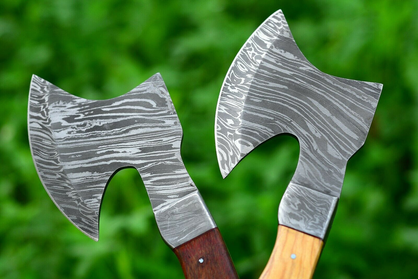 HS-1048 A Pair Of Custom Handmade Damascus Steel Viking Axe wood handle & Leather sheath