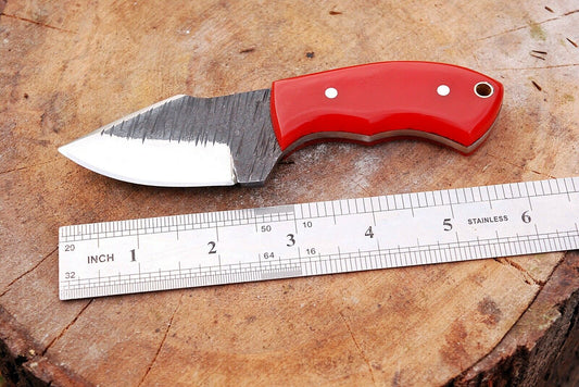 HS-733 Custom Handmade High Carbon Railrod Steel Mini Skinner Knife - Red Sheet Handle