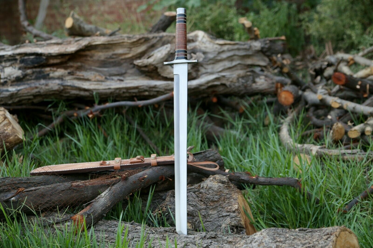 HS-1092 | Steel Blade Tanto Sword, Handmade Heavy Duty Sword, Stacked Leather Handle