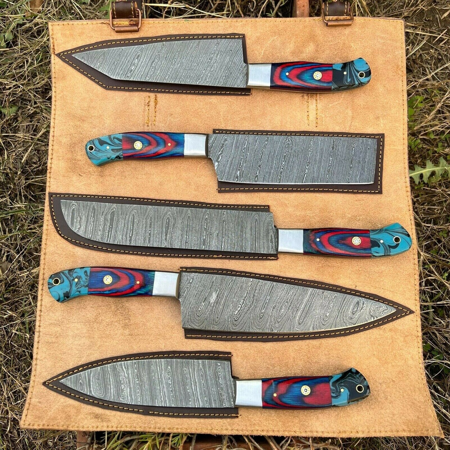 HS-131 '' Hand Forged Damascus Steel Hunting Chef Kitchen Knife Set W/ Sheath