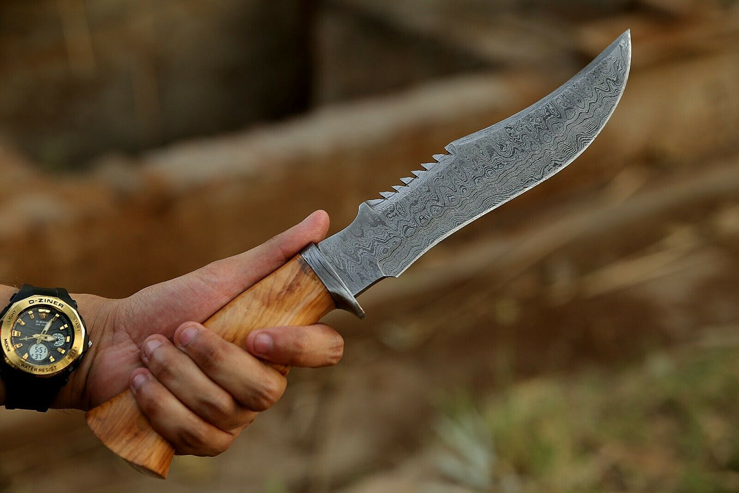 HS-307 Damascus Steel Handmade Hand Forged Olive Wood handle Bowie Knife,with sheath