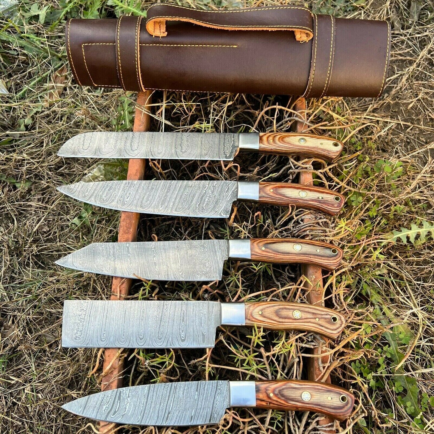 HS-130 '' Hand Forged Damascus Steel Hunting Chef Kitchen Knife Set W/ Sheath