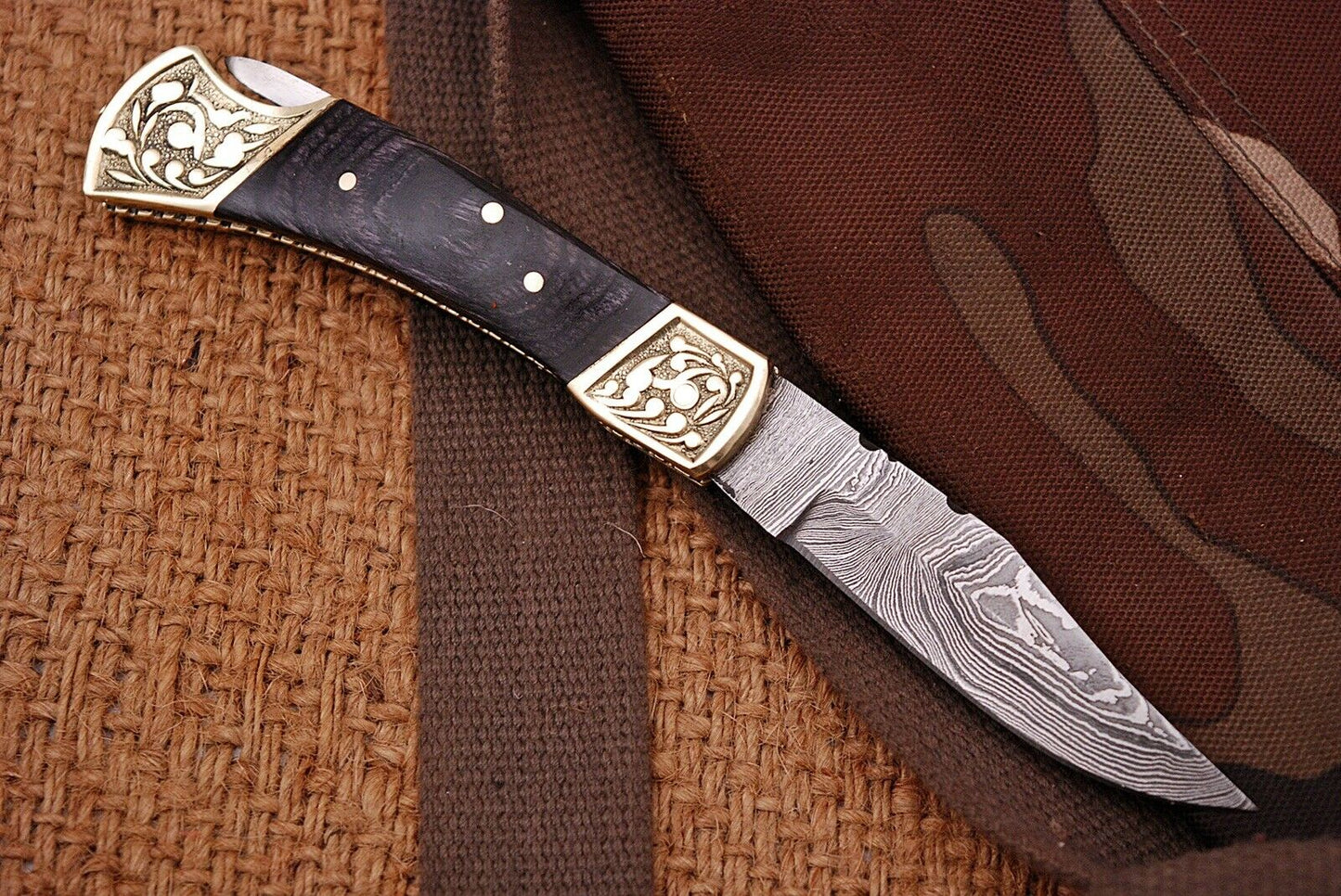 Custom Handmade Damascus Steel Pocket Folding Knife - Engraved Hard Wood Handle