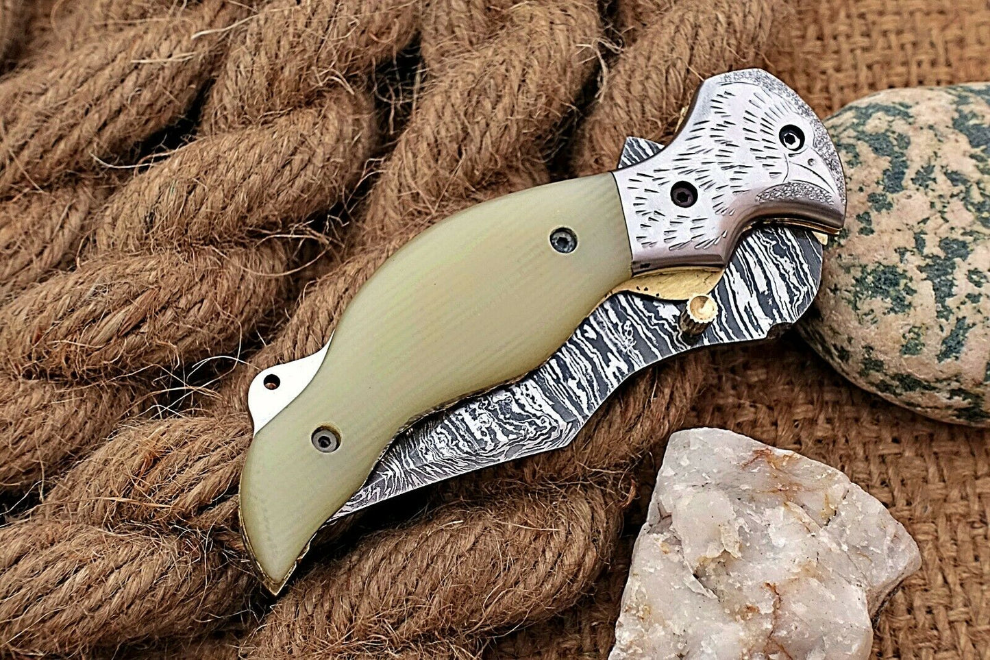 Custom Handmade Damascus Folding-Pocket Knife With Blue White Micarta+Engraved Handle