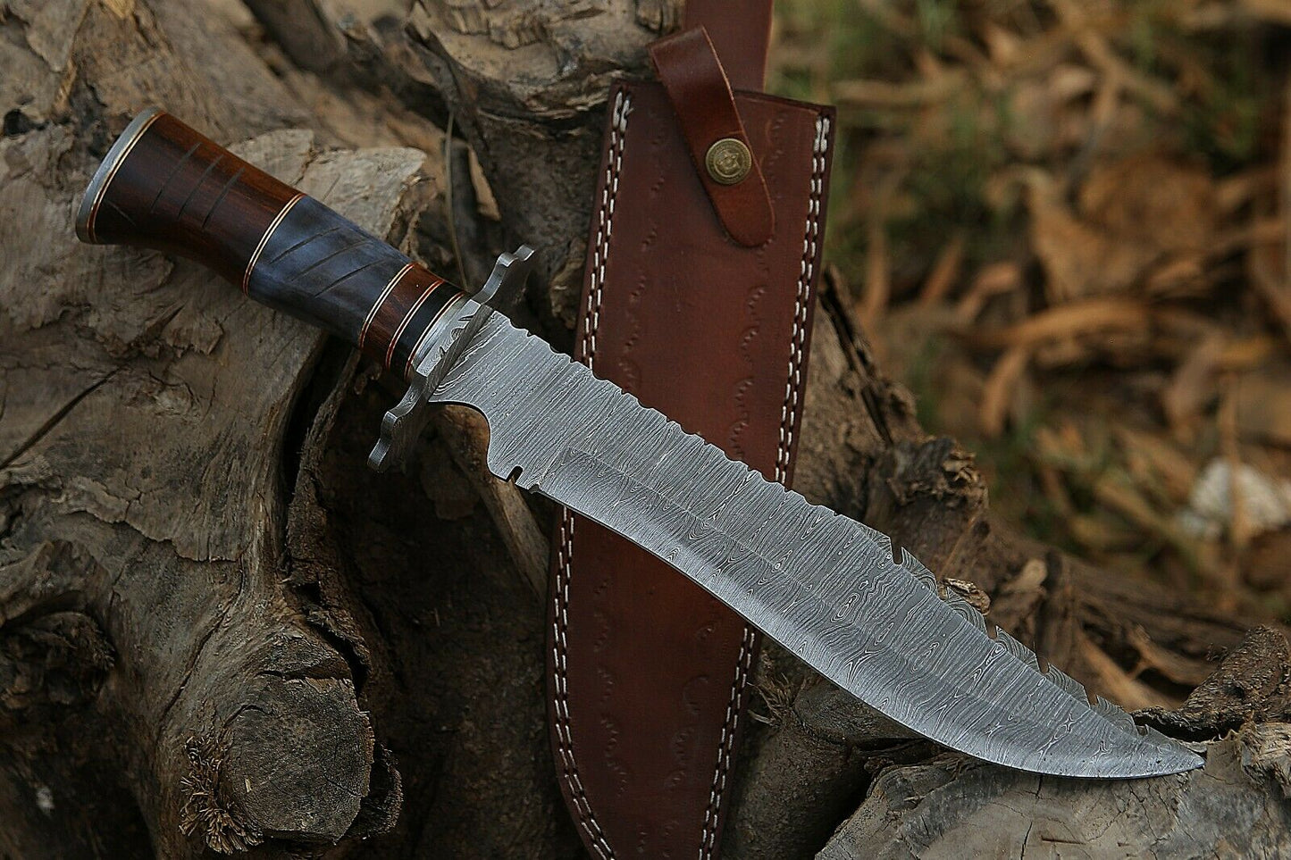 HS-309 '' Damascus Steel Hunting Bowie Knife 15" Walnut Wood And Bone Handle