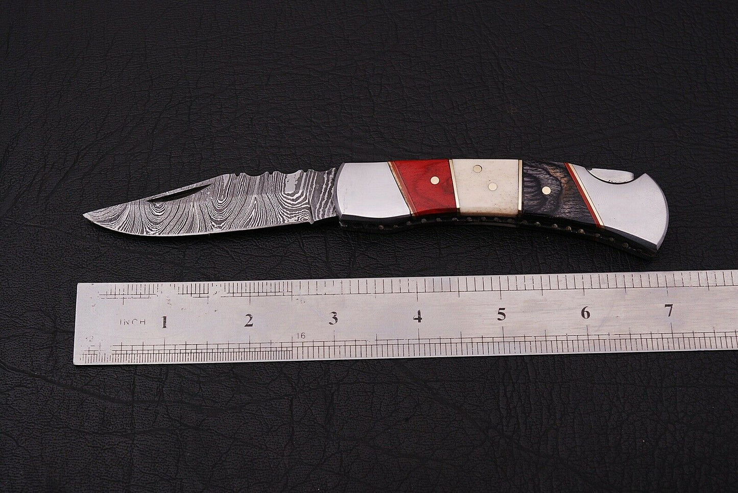 Custom Handmade Damascus Folding-Pocket Knife With Hard Wood & Bone Handle