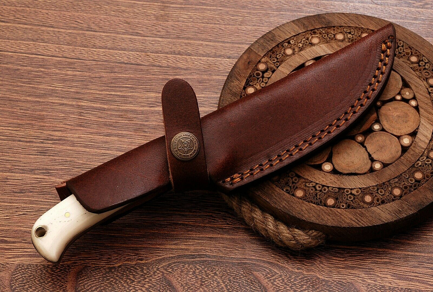 HS-760 Custom Handmade Damascus Skinner Knife + Brass Bolster And Camel Bone Handle
