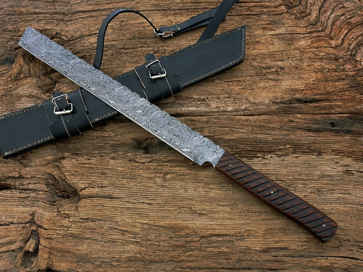 HS-1087 | Hand Forged Damascus Steel Full Tang Sword,Rose wood Handle,Leather Cover