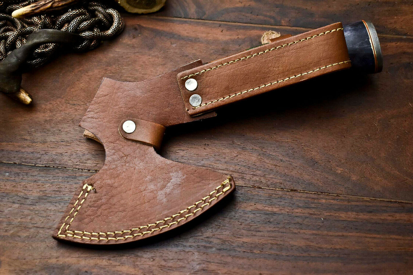 HS-1056 | Custom Hand Made Damascus Blade Hunting Hatchet Mini Viking Axe | Camel Bone & Wood