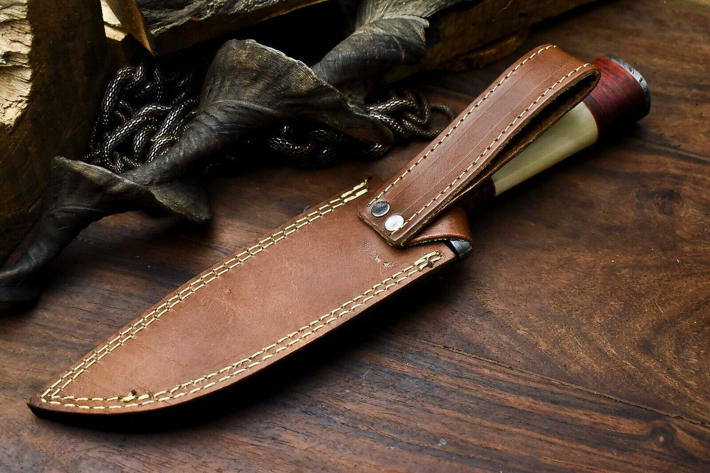 HS-319 Custom Hand Made Damascus Steel Blade Bowie Hunting Knife | CAMEL BONE