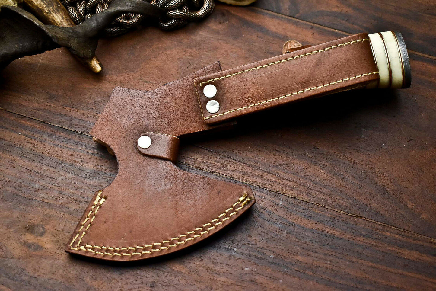 HS-1058 | Custom Hand Made Damascus Blade Hunting Hatchet Mini Viking Axe | Camel Bone