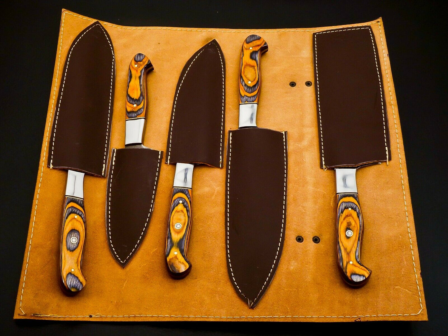 Luxury Damascus kitchen knife set Leather Kit