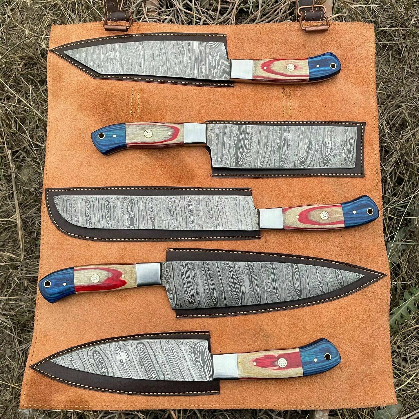 HS-129 '' Hand Forged Damascus Steel Hunting Chef Kitchen Knife Set W/ Sheath