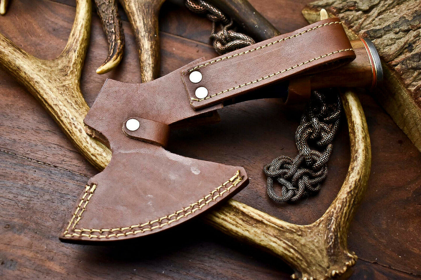 HS-1057 | Custom Hand Made Damascus Blade Hunting Hatchet Mini Viking Axe | Camel Bone & Wood