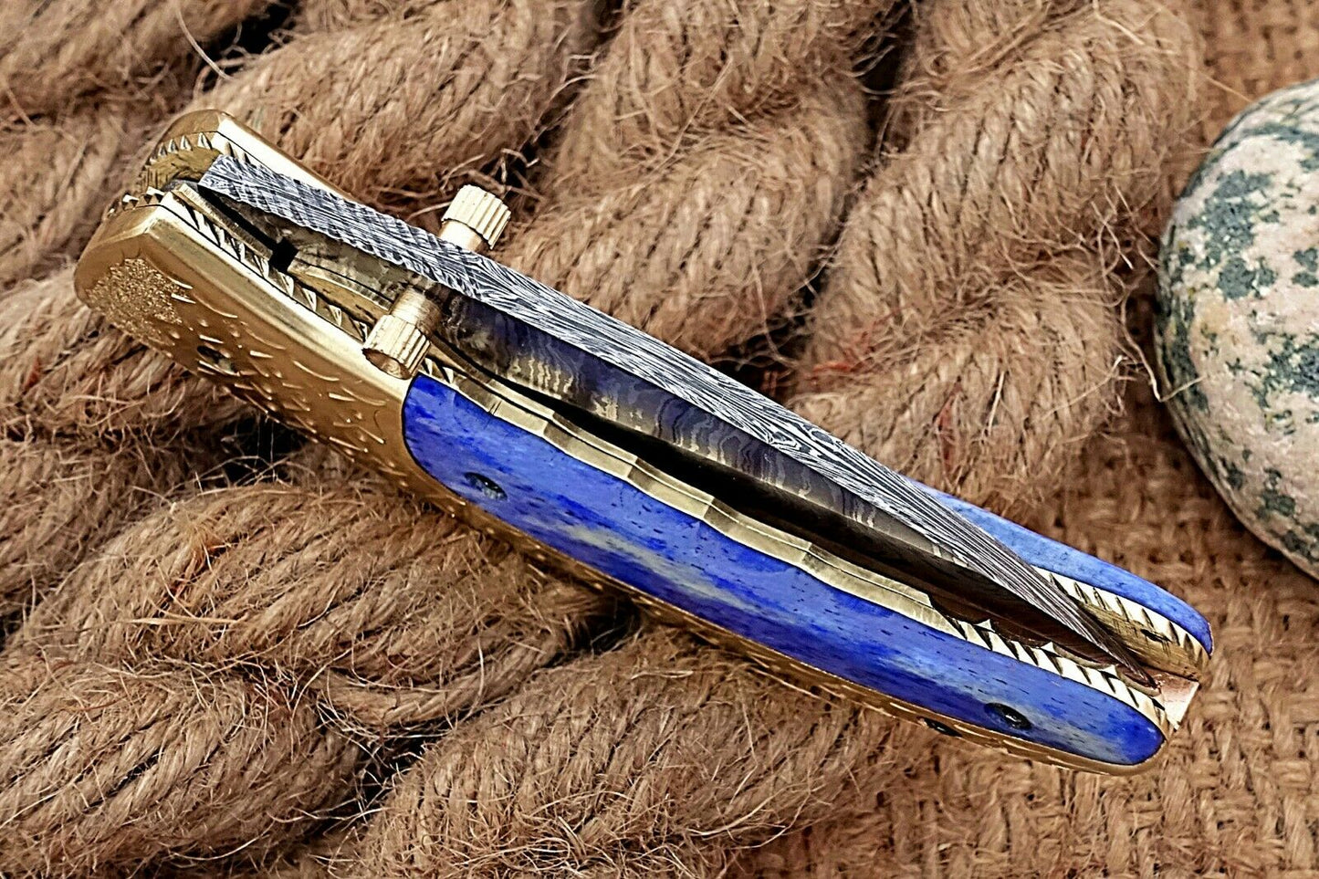 Custom Handmade Damascus Folding-Pocket Knife With Blue Colour Bone+Engraved Handle