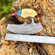 Load image into Gallery viewer, HS-1028 Personalized Damascus Chef Kitchen Ulu Knife Chef Knife Damascus Knife Cocobolo Wood & Olive Wood Resin With Leather Sheath