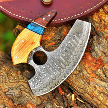 Load image into Gallery viewer, HS-1028 Personalized Damascus Chef Kitchen Ulu Knife Chef Knife Damascus Knife Cocobolo Wood & Olive Wood Resin With Leather Sheath
