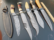 Load image into Gallery viewer, HS Deal 01 - Bundle of 5 Exquisite Custom Damascus Steel Hunting Knives – Handmade for Excellence Craftsmanship in Every Blade.