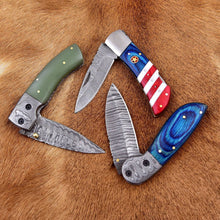 Load image into Gallery viewer, HS Deal 07 - Premium Damascus Folding Knife Set - 3 Pieces with Unique Handles (Green Resin, Blue Wood, USA Design) - Handcrafted Excellence, 512 Layers, and Custom Leather Sheaths