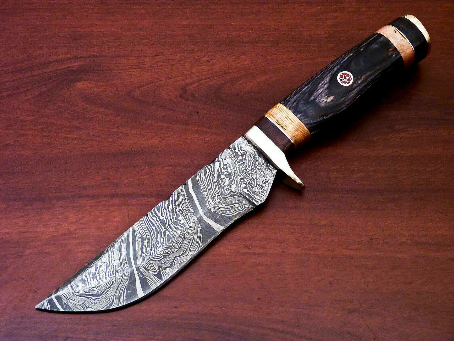 HS-527 Custom Handmade Damascus Hunting Knife With Brass Guard & But Cap - Hard Wood