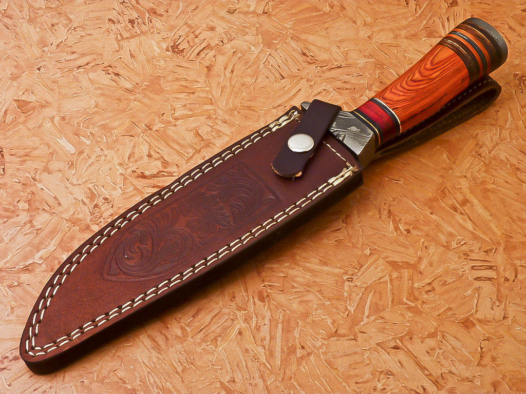 Custom Handmade Damascus Hunting Knife With Hard Wood Handle