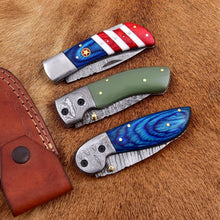 Load image into Gallery viewer, HS Deal 07 - Premium Damascus Folding Knife Set - 3 Pieces with Unique Handles (Green Resin, Blue Wood, USA Design) - Handcrafted Excellence, 512 Layers, and Custom Leather Sheaths