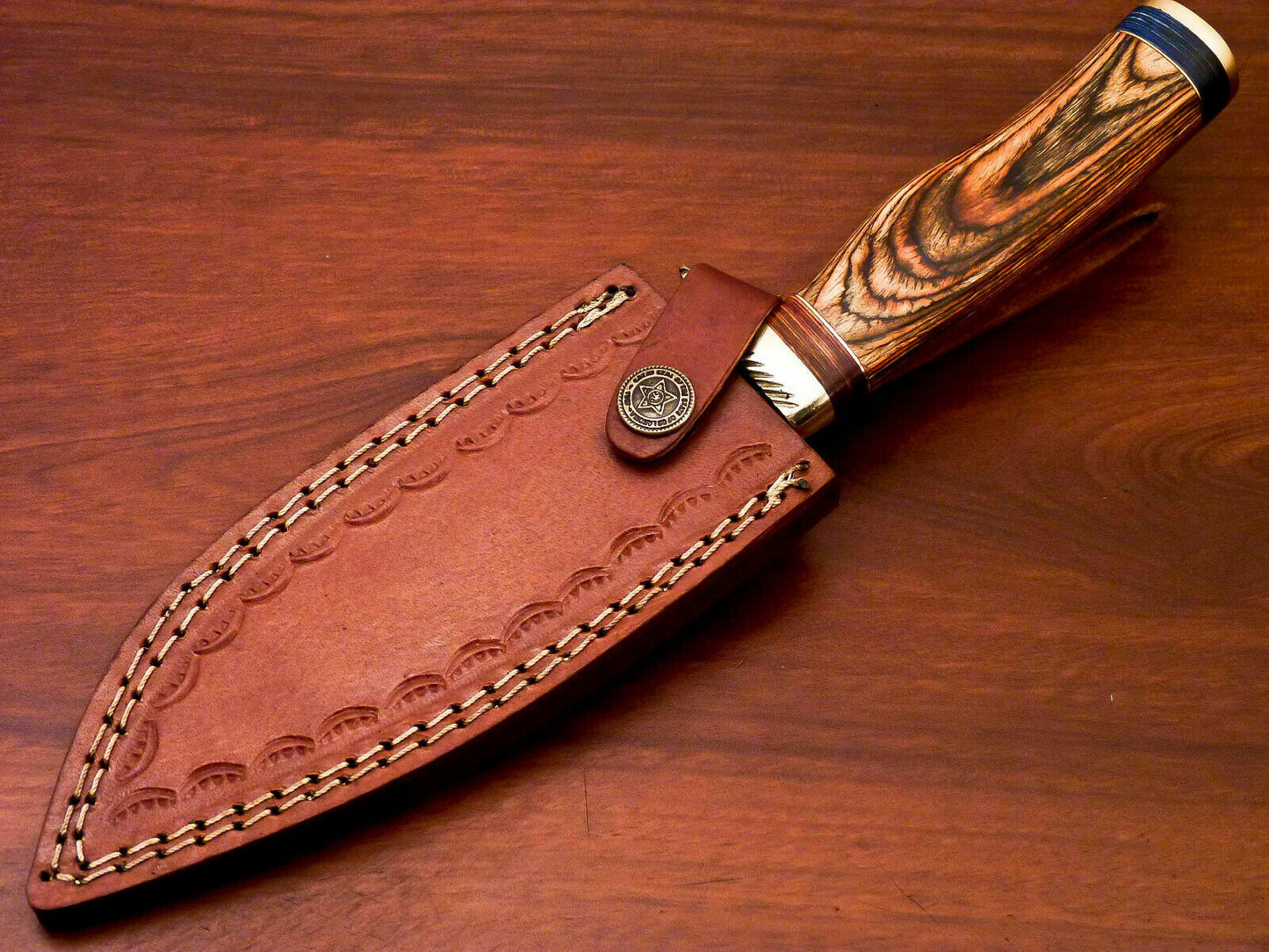 HS-522 Custom Handmade Damascus Hunting Knife With Brown Hard Wood Handle