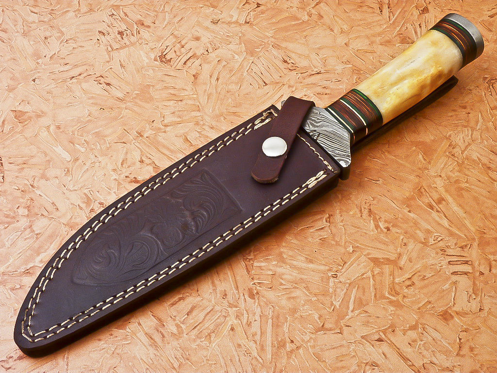 Custom Handmade Damascus Hunting Knife With Bone Handle