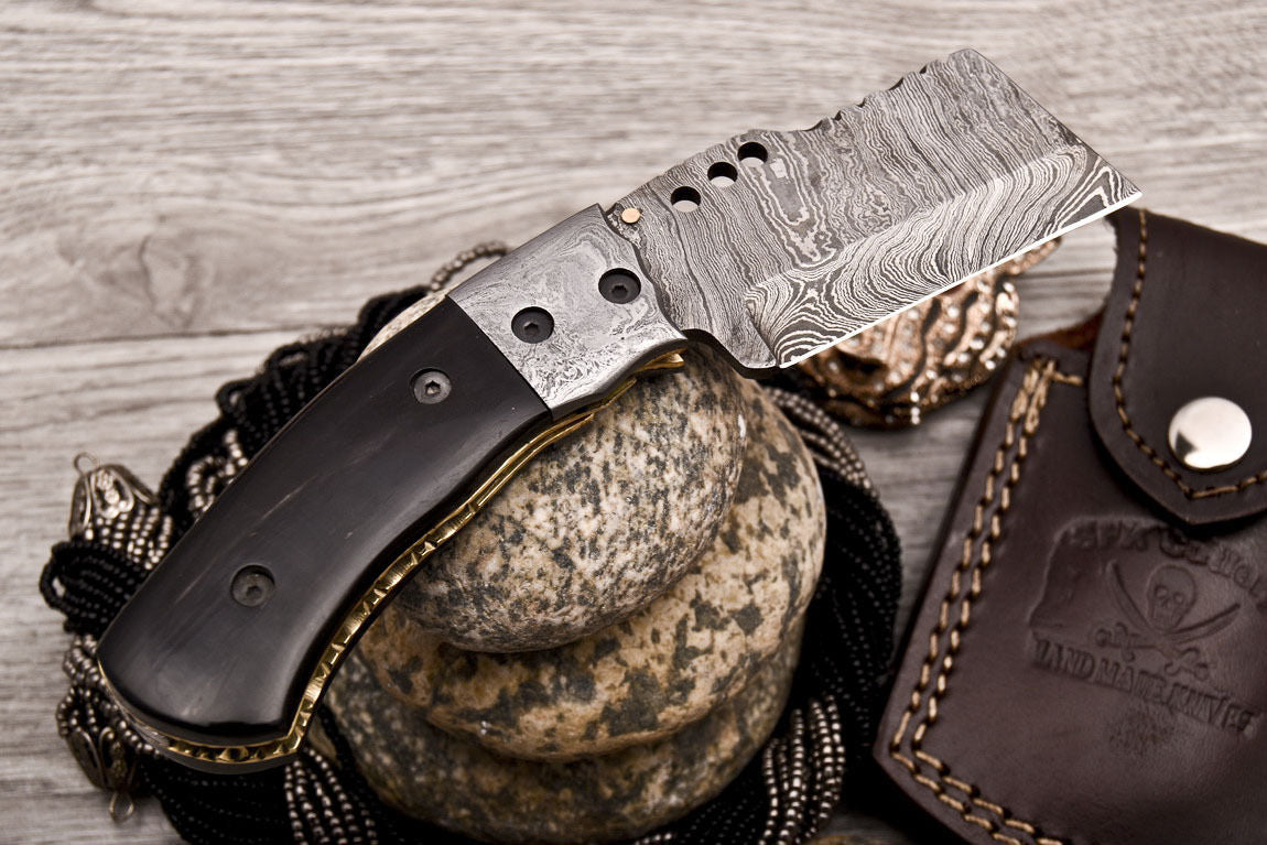 Custom Handmade Damascus Folding-Pocket Knife With Black Micarta Handle