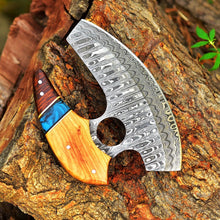 Load image into Gallery viewer, HS-1028 Personalized Damascus Chef Kitchen Ulu Knife Chef Knife Damascus Knife Cocobolo Wood & Olive Wood Resin With Leather Sheath