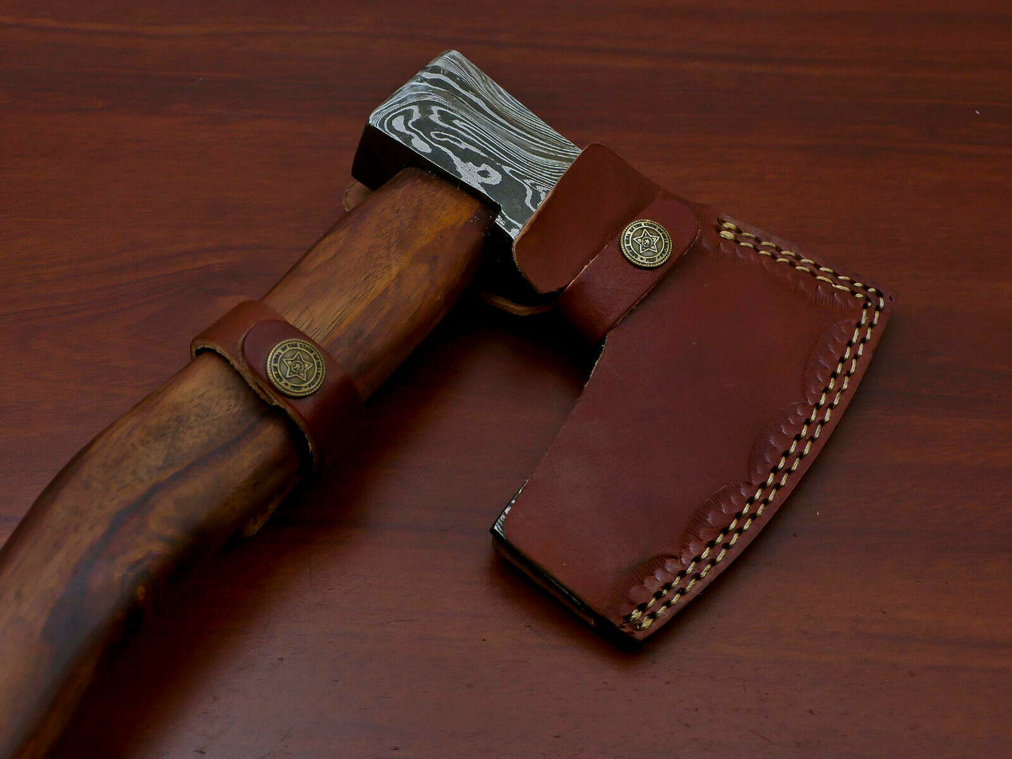HS-1067 | Custom Handmade Damascus Hand Forged Tomahawk knife, Hatchet, Axe, Integral With Natural Wood