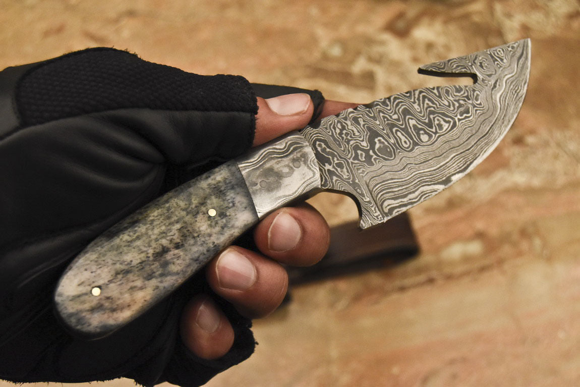 HS-841 Custom Handmade Damascus Skinner Knife With Stained Camel Bone Handle