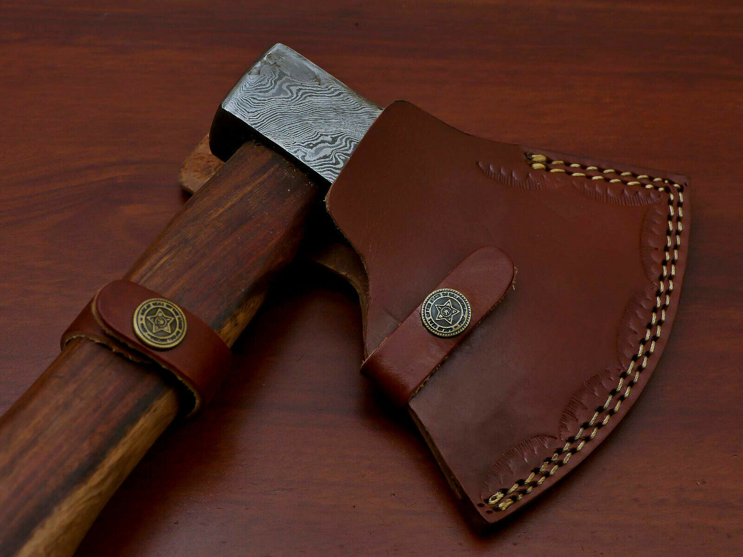 HS-1065 | Custom Handmade Damascus Hand Forged Tomahawk knife, Hatchet, Axe, Integral With Natural Wood